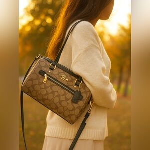 Coach Rowan Satchel In Dark Signature And Metallic Green NWOT